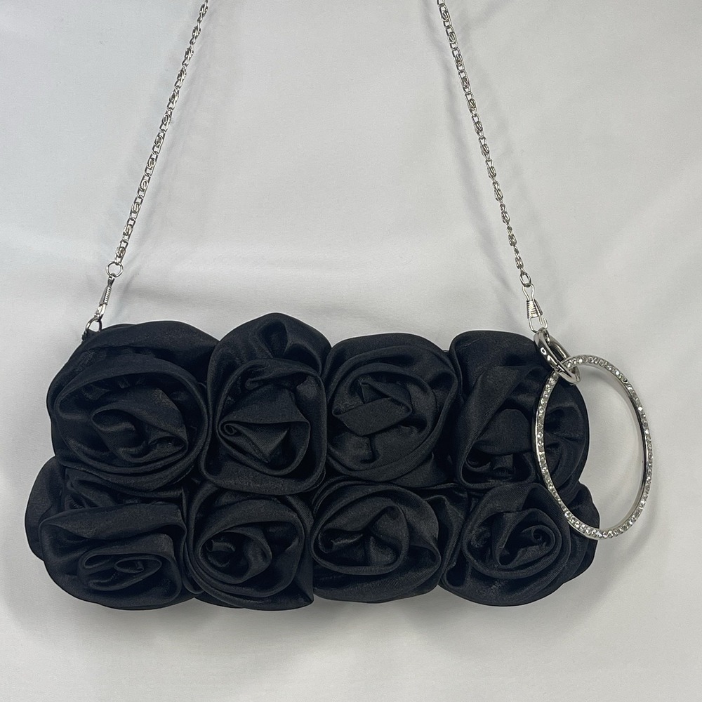 Black Satin Rosette Evening Bag Rhinestone Wristlet Chain Clutch Purse